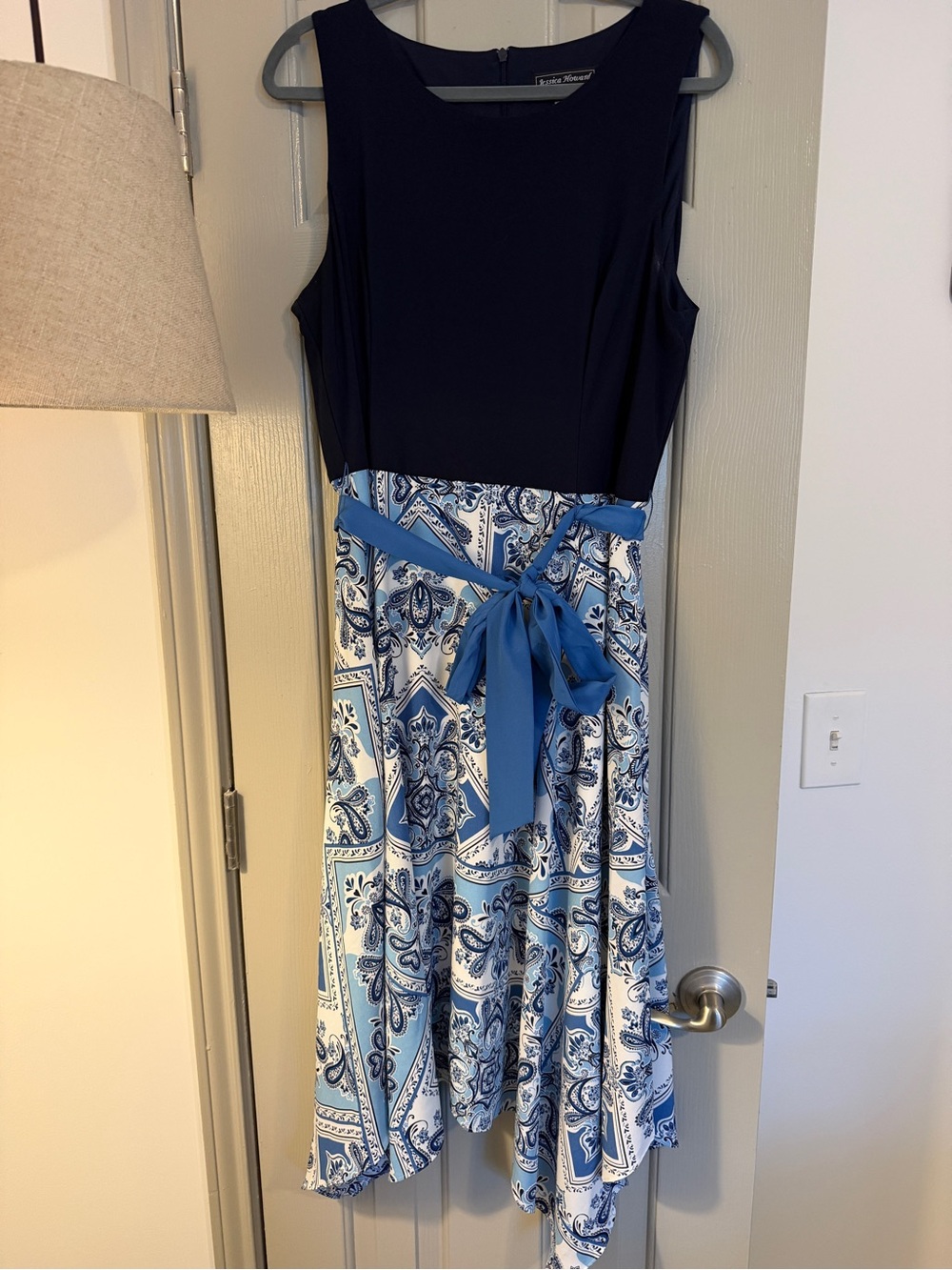 Jessica Howard Navy and Blue Paisley Midi Dress with Sash